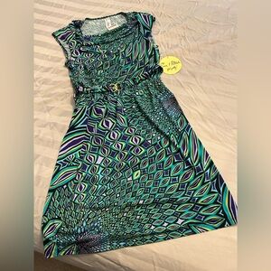 Sleeveless, multi colored dress with belt.